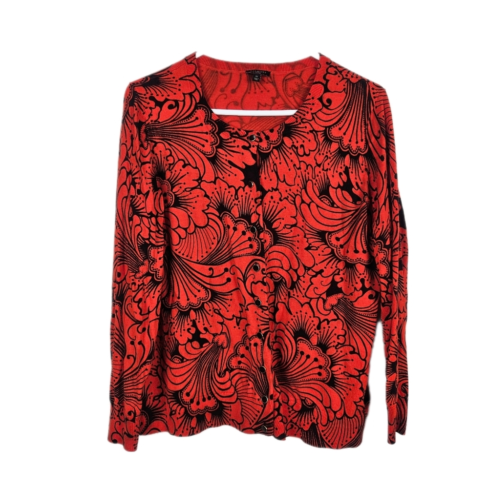 Talbots Cardigan Red Orange Black Floral Womens Button Up Office Lightweight